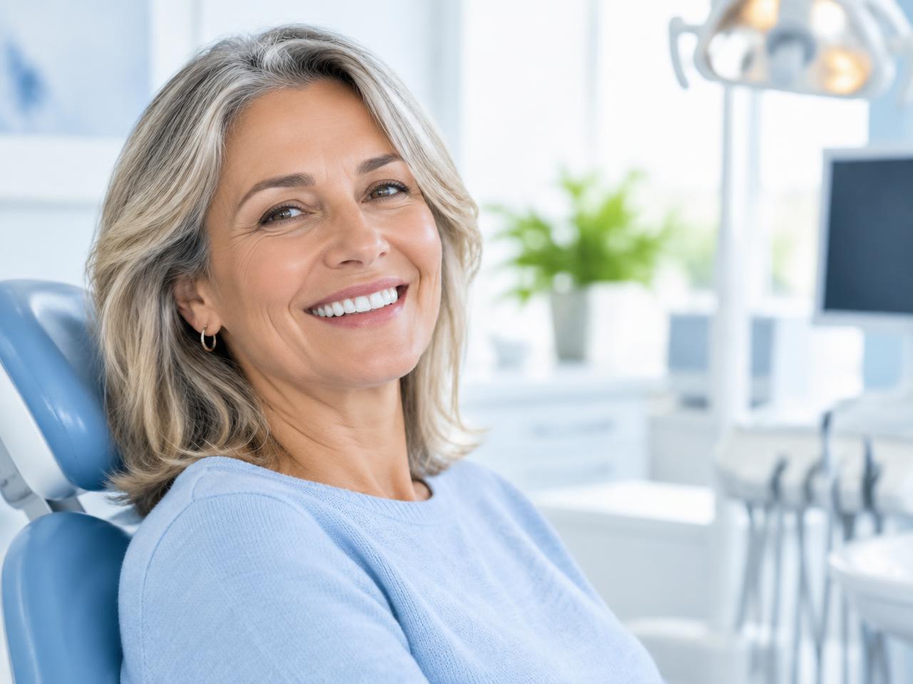 A smiling adult in a bright, modern dental office